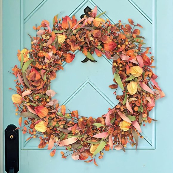 20 Inch Fall Door Artificial Orange Berry Eucalyptus Wreath for Front Door - Picture 1 of 4